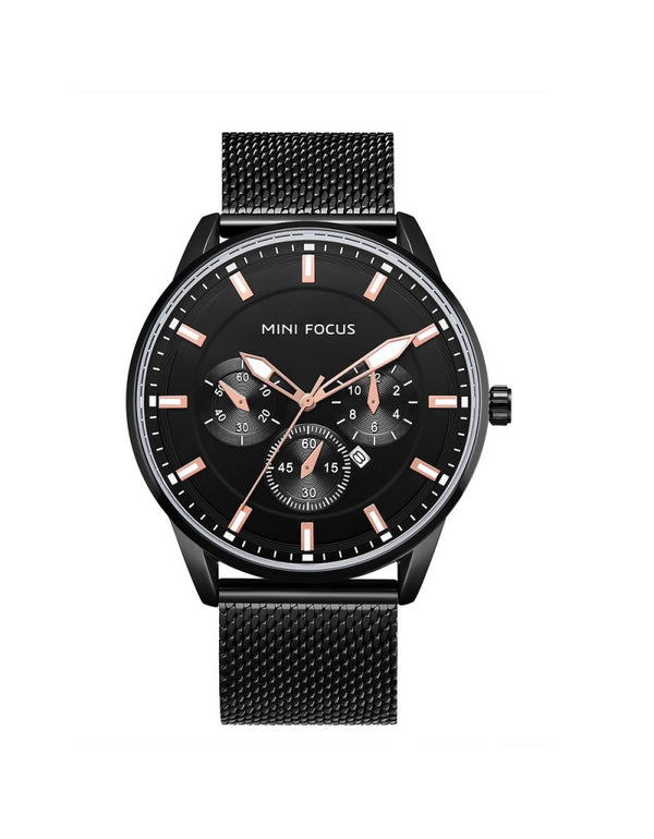 Mini Focus Black Mesh Bracelet Black Dial Quartz Watch for Gents - MF0178G-02