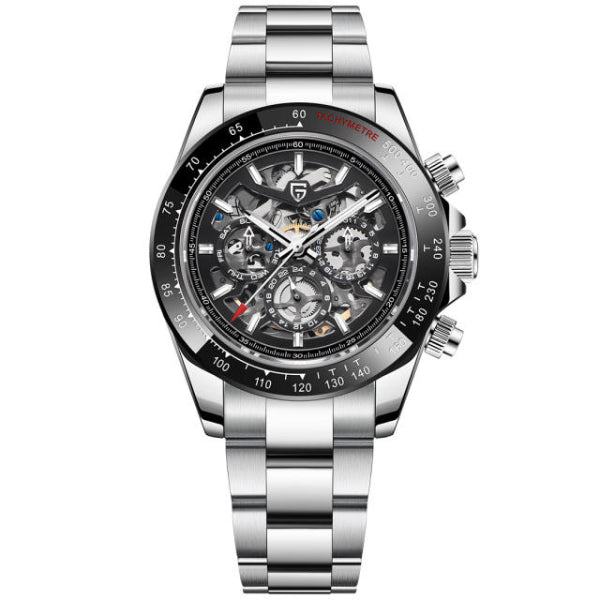 Pagani Design Silver Stainless Steel Black Skeleton Dial Automatic Watch for Gents - PD1777