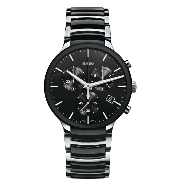 Rado Centrix Black Ceramic Strap Black Dial Chronograph Quartz Watch for Gents - R30130152