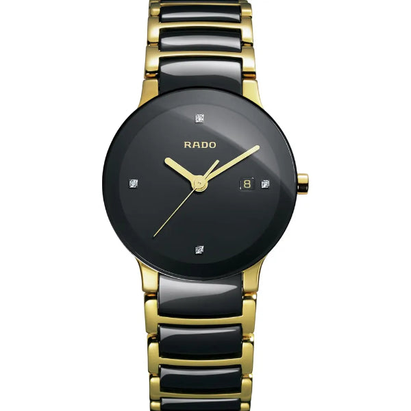 Rado Centrix Two-tone Ceramic Strap Black Dial Quartz Watch for Ladies - R30930712