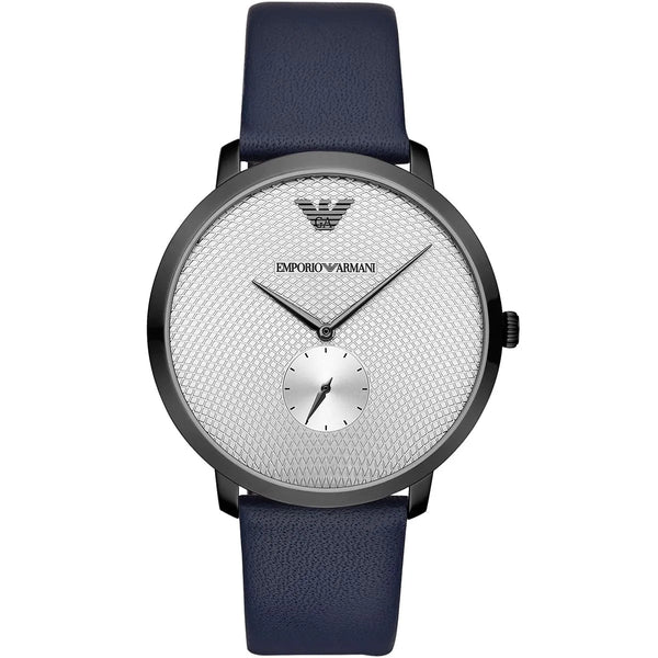 EMPORIO ARMANI Modern Slim Blue Leather Strap Silver Dial Quartz Watch for Gents - AR11214