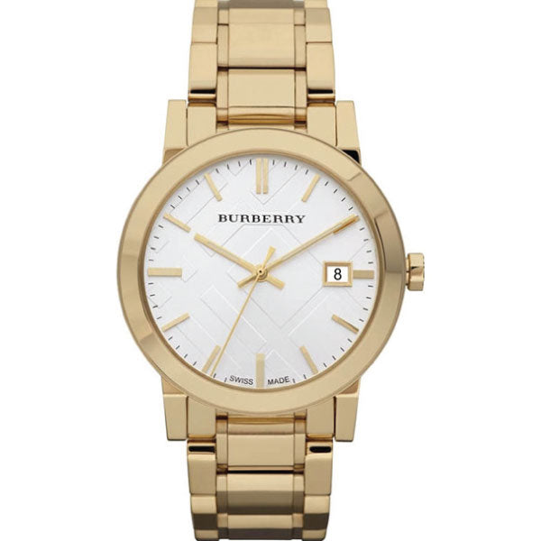 Close up front view of Burberry City Gold Stainless Steel White Dial Quartz Unisex Watch with White background