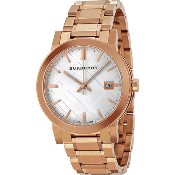 A Front Side view of Burberry City Rose gold Stainless Steel Silver Dial Quartz Unisex Watch with white background