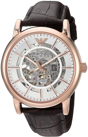 Emporio Armani Meccanico Black Leather Strap Skeleton Dial Automatic Watch for Gents AR60007