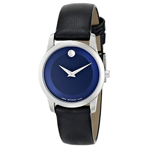 Movado Museum Black Leather Blue Dial Quartz Watch for Ladies - 606611