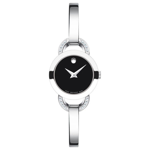 Movado Rondiro Silver Stainless Steel Black Dial Quartz Watch for Ladies - 606798