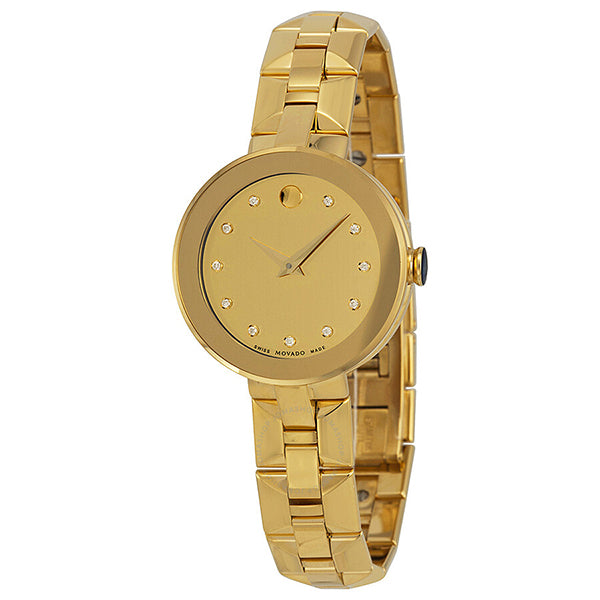 Movado Sapphire Golden Stainless Steel Champagne Dial Quartz Watch for Ladies- 0606816