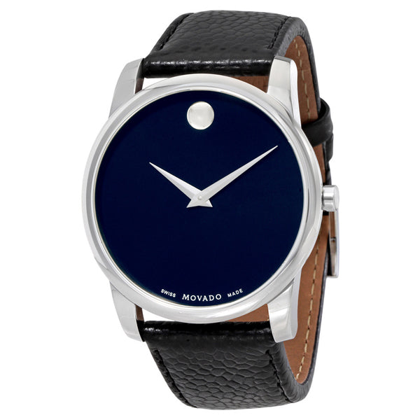 Movado Museum Black Leather Blue Dial Quartz Watch for Gents - 607013
