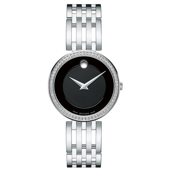 Movado Esperanza Silver Stainless Steel Black Dial Quartz Watch for Ladies - 607052