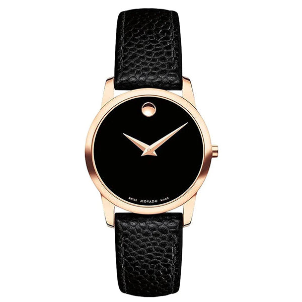Movado Museum Black Leather Black Dial Quartz Watch for Ladies - 607061