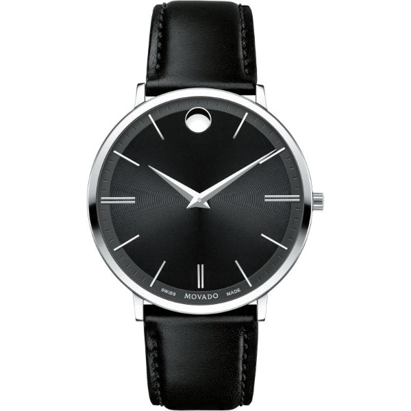 Movado Ultra Slim Black Leather Strap Black Dial Quartz Watch for Gents - Movado 0607086