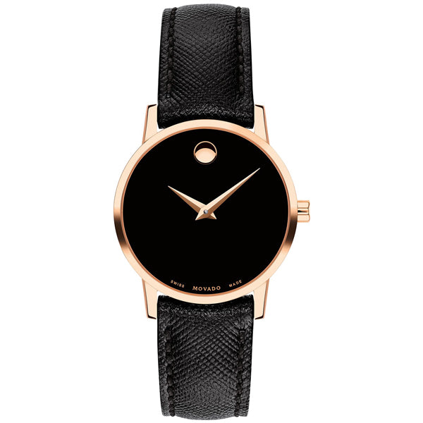 Movado Museum Classic Black Leather Black Dial Quartz Watch for Ladies - 607206