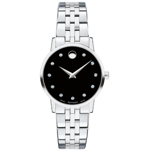Movado Museum Classic Silver Stainless Steel Black Dial Quartz Watch for Ladies - 607207