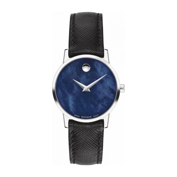 Movado Museum Classic Black Leather Strap Blue Mother of Pearl Dial Quartz Watch for Ladies - Movado 0607422