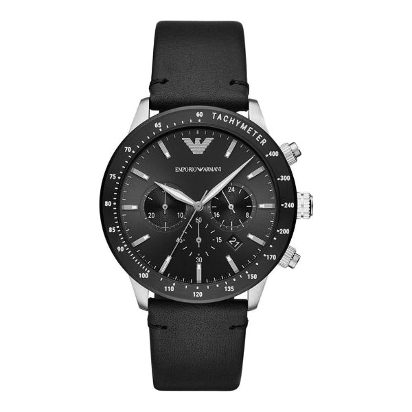 EMPORIO ARMANI Mario Black Leather Strap Black Dial Chronograph Quartz Watch for Gents - AR11243