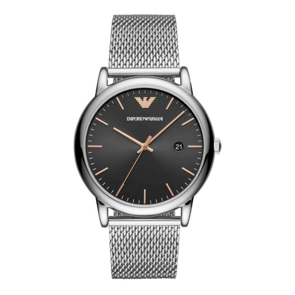 EMPORIO ARMANI Luigi Silver Mesh Bracelet Black Dial Quartz Watch for Gents - AR11272