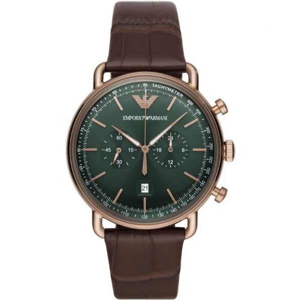 EMPORIO ARMANI Avaitor Brown Leather Strap Green Dial Chronograph Quartz Watch for Gents - AR11334