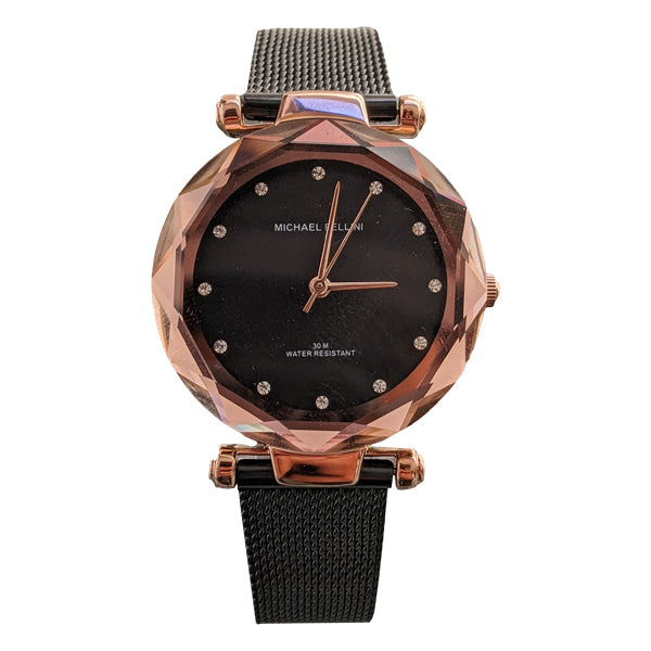 Michael Fellini Black Mesh Bracelet Black Dial Quartz Watch for Ladies - MF2257-4