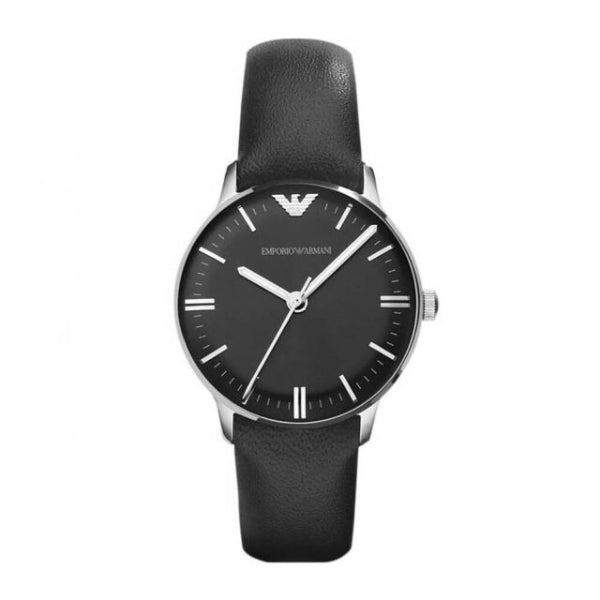 EMPORIO ARMANI Classic Black Leather Strap Black Dial Quartz Watch for Ladies - AR1600