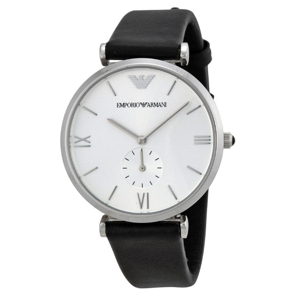 EMPORIO ARMANI Retro Black Leather Strap Silver Dial Quartz Watch for Gents - AR1674