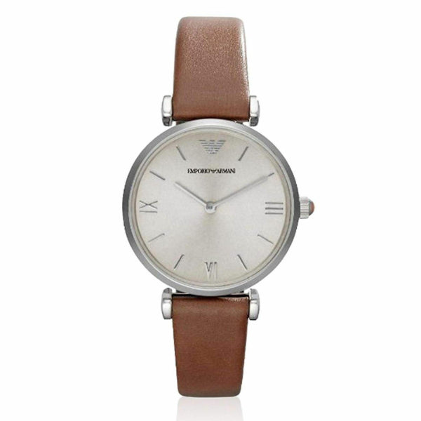 EMPORIO ARMANI Classic Brown Leather Strap Silver Dial Quartz Watch for Ladies - AR1679