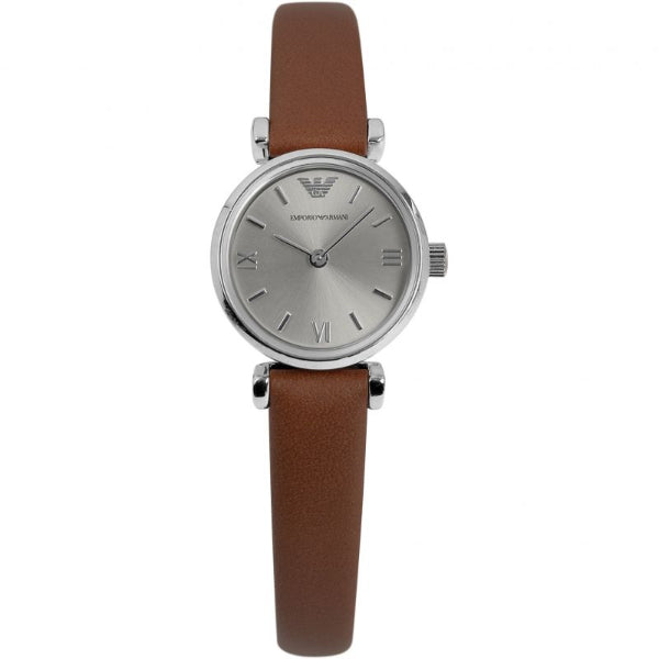 EMPORIO ARMANI Gianni T-Bar Brown Leather Strap Silver Dial Quartz Watch for Ladies - AR1685