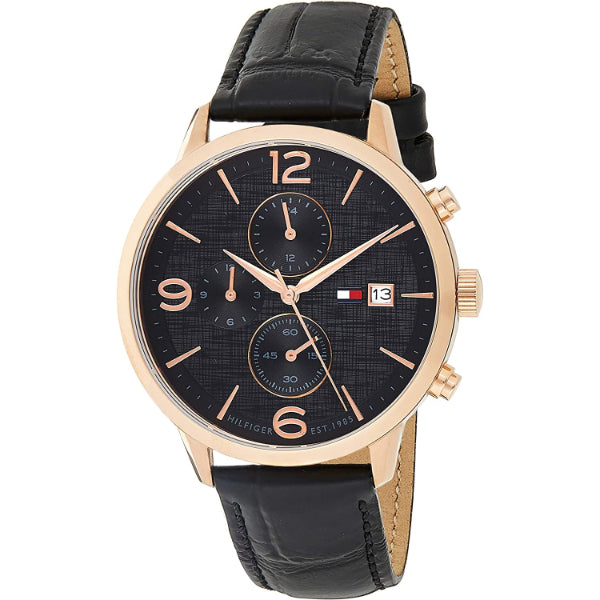 Tommy Hilfiger Liam Black Leather Strap Black Dial Chronograph Quartz Watch for Gents - 1710358