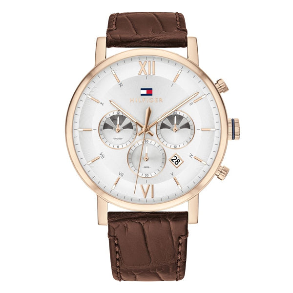 Tommy Hilfiger Evan Brown Leather Strap White Dial Chronograph Quartz Watch for Gents - 1710394