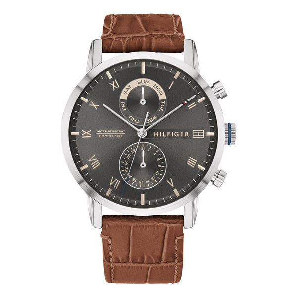 Tommy Hilfiger Kane Brown Leather Strap Black Dial Chronograph Quartz Watch for Gents - 1710398