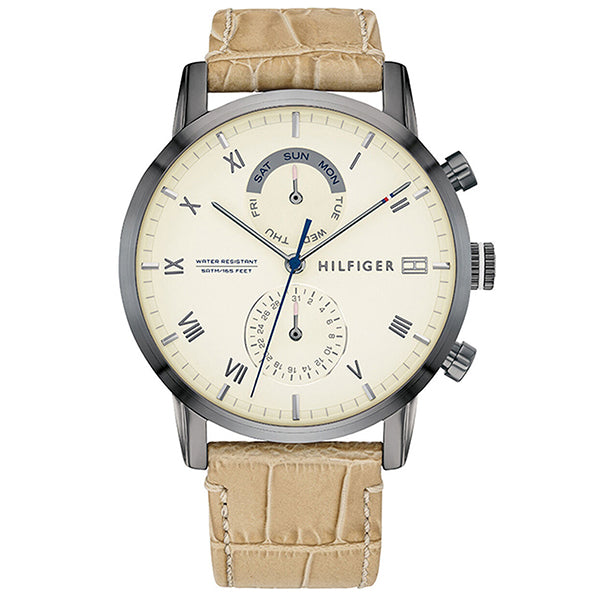Tommy Hilfiger Kane Beige Leather Strap Cream Dial Chronograph Quartz Watch for Gents - 1710399