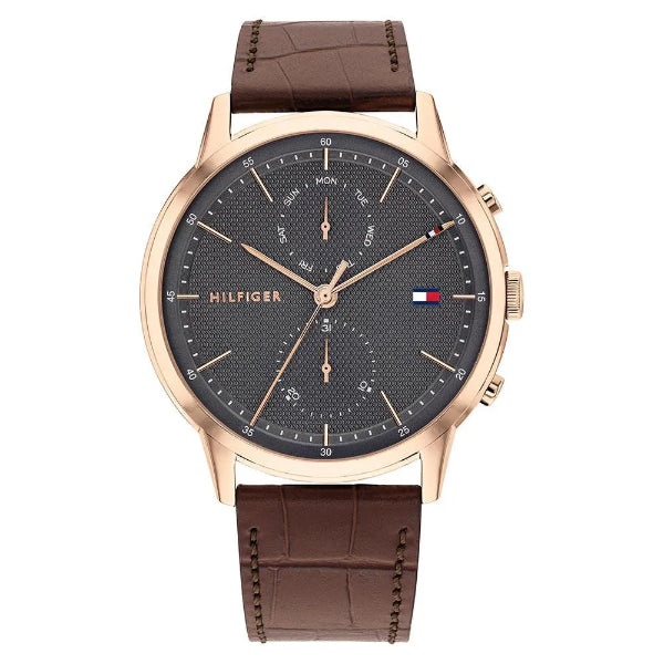 Tommy Hilfiger Easton Brown Leather Strap Grey Dial Chronograph Quartz Watch for Gents - 1710435