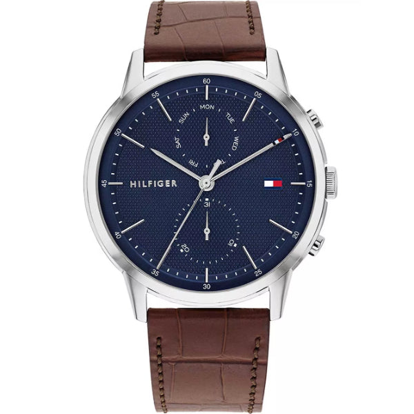 Tommy Hilfiger Easton Brown Leather Strap Blue Dial Chronograph Quartz Watch for Gents - 1710436