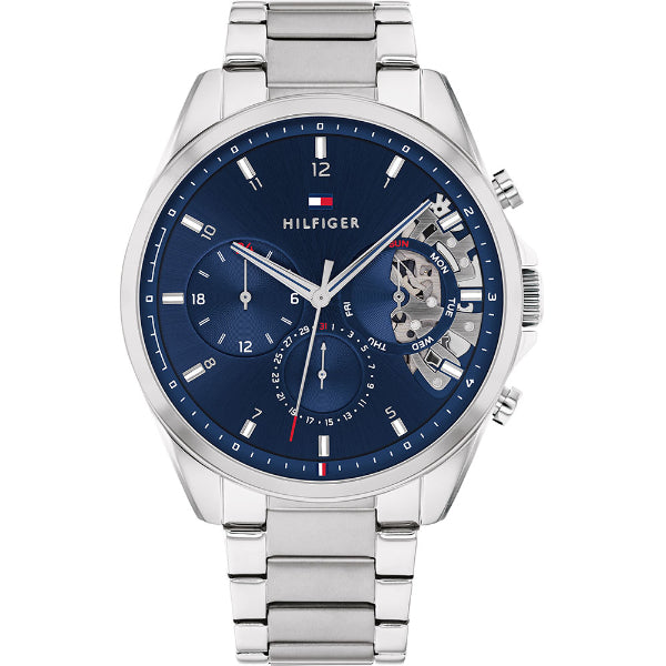 Tommy Hilfiger Baker Silver Stainless Steel Blue Dial Chronograph Quartz Watch for Gents - 1710448