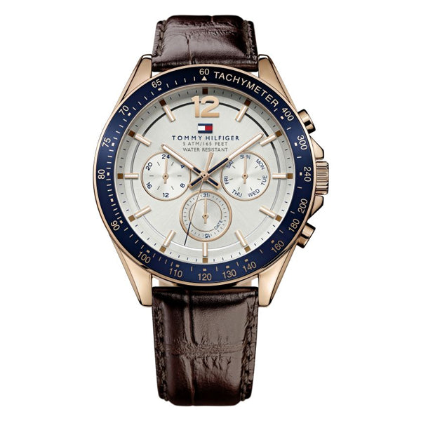 Tommy Hilfiger Luke Brown Leather Strap White Dial Chronograph Quartz Watch for Gents - 1791118