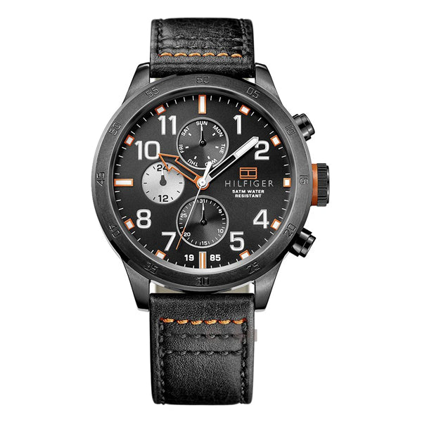 Tommy Hilfiger Trent Black Leather Strap Black Dial Chronograph Quartz Watch for Gents - 1791136