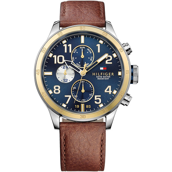 Tommy Hilfiger Trent Brown Leather Strap Blue Dial Chronograph Quartz Watch for Gents - 1791137