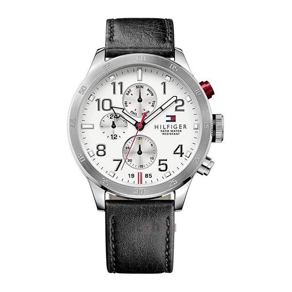 Tommy Hilfiger Trent Black Leather Strap White Dial Chronograph Quartz Watch for Gents - 1791138