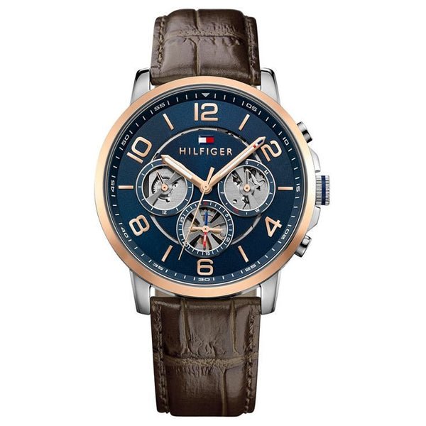 Tommy Hilfiger Keagan Brown Leather Strap Blue Dial Chronograph Quartz Watch for Gents - 1791290