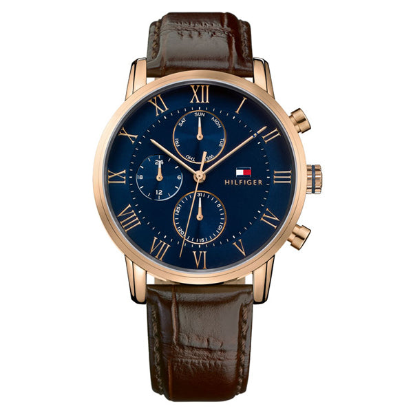 Tommy Hilfiger Kane Brown Leather Strap Blue Dial Chronograph Quartz Watch for Gents - 1791399