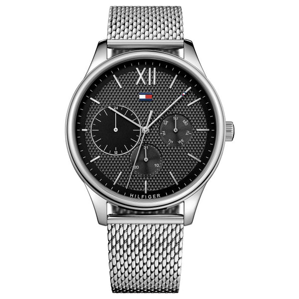 Tommy Hilfiger Damon Silver Mesh Bracelet Black Dial Quartz Watch for Gents - 1791415