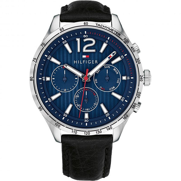 Tommy Hilfiger Gavin Black Leather Strap Blue Dial Chronograph Quartz Watch for Gents - 1791468