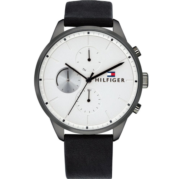 Tommy Hilfiger Chase Black Leather Strap White Dial Chronograph Quartz Watch for Gents - 1791489