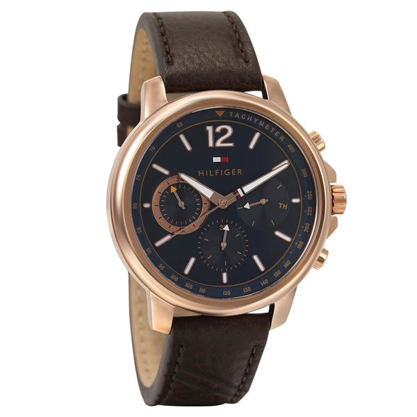 Tommy Hilfiger London Brown Leather Strap Blue Dial Chronograph Quartz Watch for Gents - 1791532