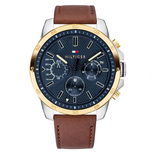 Tommy Hilfiger Decker Brown Leather Strap Blue Dial Chronograph Quartz Watch for Gents - 1791561