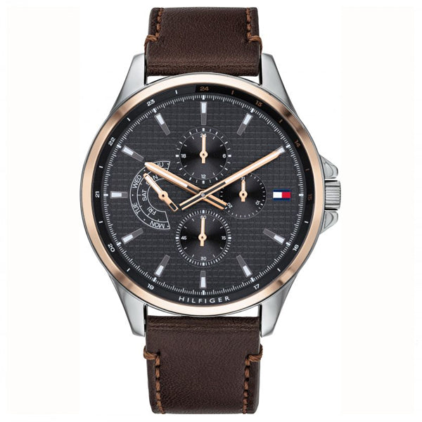 Tommy Hilfiger Shawn Brown Leather Strap Black Dial Quartz Watch for Gents - 1791615