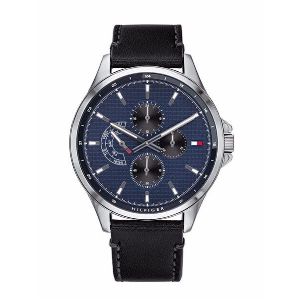 Tommy Hilfiger Shawn Black Leather Strap Blue Dial Quartz Watch for Gents - 1791616