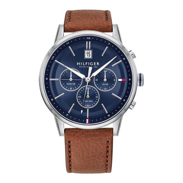 Tommy Hilfiger Kyle Brown Leather Strap Blue Dial Chronograph Quartz Watch for Gents - 1791629