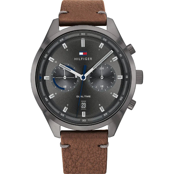 Tommy Hilfiger Bennett Brown Leather Strap Grey Dial Chronograph Quartz Watch for Gents - 1791730