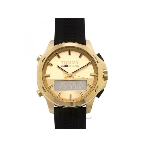 Tommy Hilfiger Tommy Jeans Expedition Black Silicone Strap Gold Dial Quartz Watch for Gents - 1791762