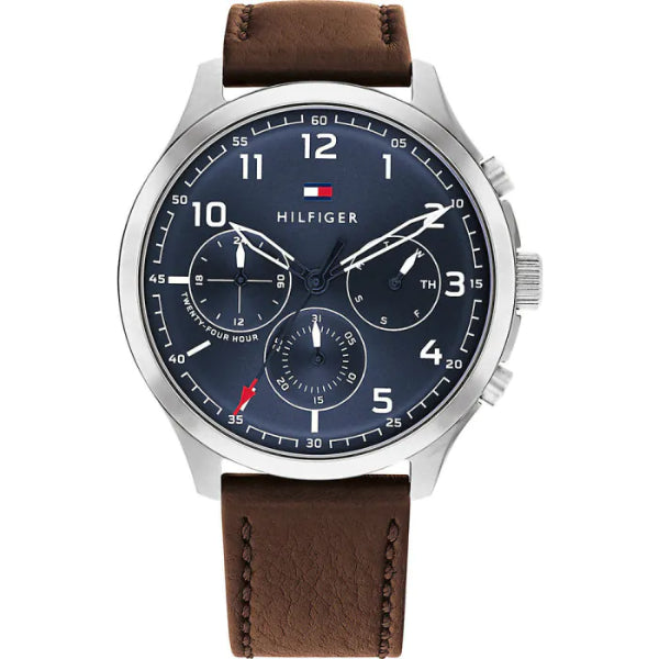 Tommy Hilfiger Asher Brown Leather Strap Blue Dial Chronograph Quartz Watch for Gents - 1791855
